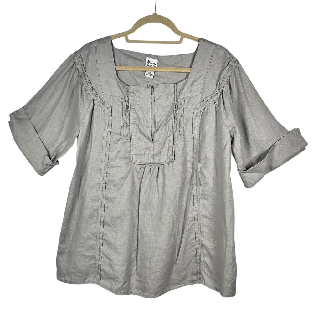 Alexandra Bartlett Pintuck Blouse Women Large Grey 100% Linen Short Cuff Sleeve‎